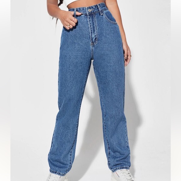 SHEIN Denim - SHEIN High Waist Straight Blue Jeans